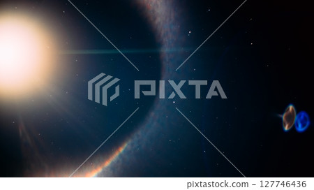 Amazing Night Starry Sky. shot with moon sun in center. Natural Background. Colorful flare flash haze on starry sky. Sky Stars. Starry Sky Backdrop. Colorful flash haze 127746436