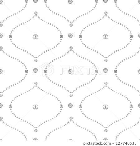 Seamless pattern with black linear floral ogee geometrical motifs on a white background 127746533