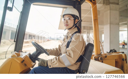 Close-up of a young female operator operating heavy machinery at a construction site Working woman Heavy machinery operator 127746566