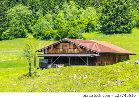 Alpine mountain hill landscape panorama with huts hut Tyrol Austria. 127746610