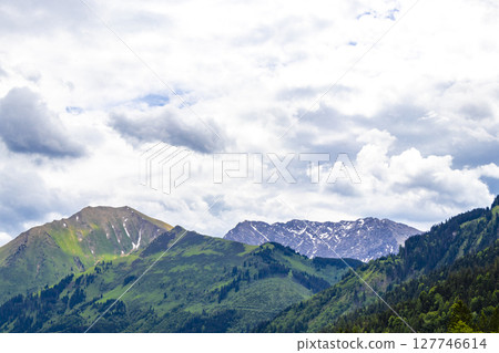Tyrol Austria alpine mountain and hill landscape panorama cloudy sky. Tyrol Austria alpine mountain and hill landscape panorama cloudy sky. 127746614
