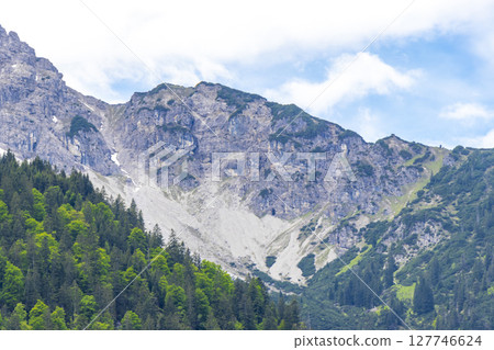 Tyrol Austria alpine mountain and hill landscape panorama cloudy sky. Tyrol Austria alpine mountain and hill landscape panorama cloudy sky. 127746624