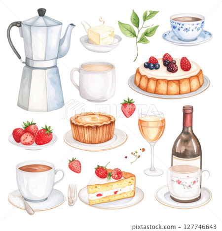 Vector set of cartoon food icons: coffee, tea, and sweet desserts like cake, cupcakes, and chocolate, perfect for breakfast or cafe menus 127746643