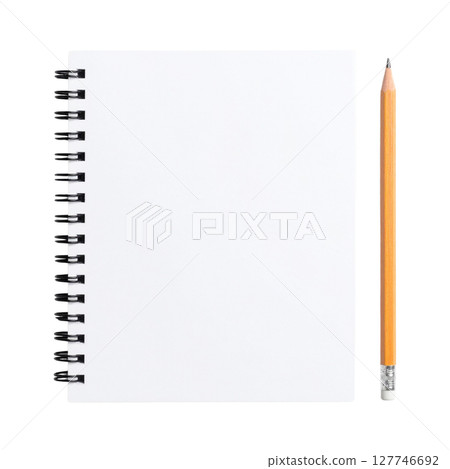 Blank notebook with a pen and pencil on an open page for office writing and business notes Blank notebook with a pen and pencil on an open page for office writing and business notes 127746692