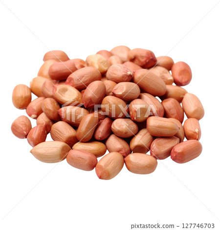 Whole brown peanuts with shells on a white background, a healthy and organic snack 127746703