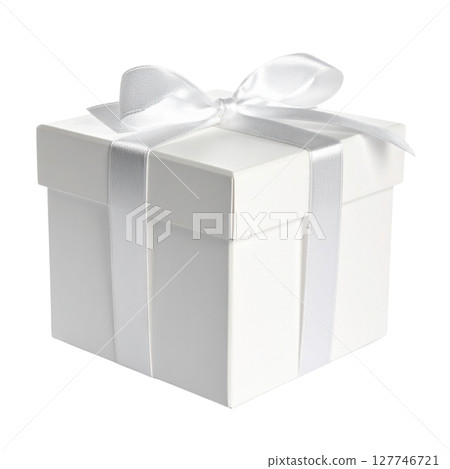 White gift box with red ribbon and bow, perfect for Christmas, birthday, or holiday celebrations 127746721