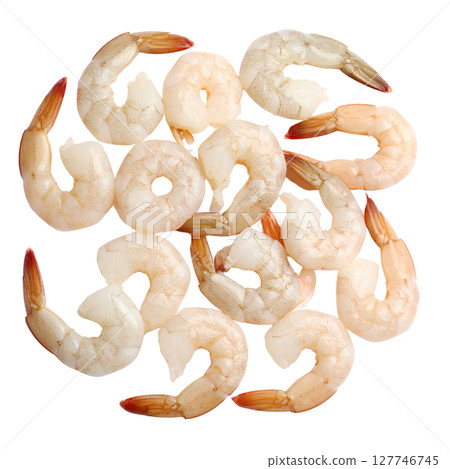 Fresh, raw seafood: market-fresh fish, shrimp, and prawns on a white background, ideal for a delicious meal 127746745