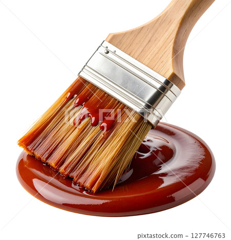 A single artist's paintbrush with a wooden handle and metal ferrule, loaded with vibrant color, stands isolated as an essential tool for painting and creative art work 127746763