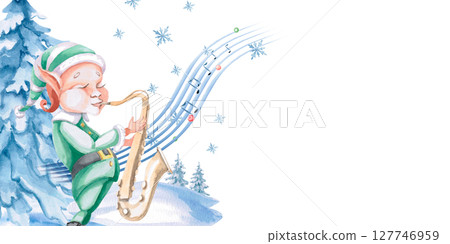 Christmas elf playing saxophone against the background of a New Year tree. Rectangular frame in isolated watercolor illustration on the theme of Christmas for design of postcards, concert tickets. Christmas elf playing saxophone against the background of a New Year tree. Rectangular frame in isolated watercolor illustration on the theme of Christmas for design of postcards, concert tickets. 127746959