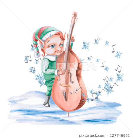 Christmas elf playing double bass surrounded by notes and snowflakes. Isolated watercolor illustration on Christmas theme for design of postcards, posters, advertising posters, concert tickets. Christmas elf playing double bass surrounded by notes and snowflakes. Isolated watercolor illustration on Christmas theme for design of postcards, posters, advertising posters, concert tickets. 127746961