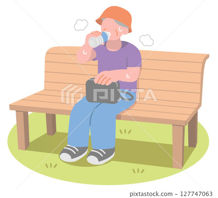 A senior woman sitting on a bench in the heat and hydrating 127747063