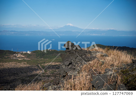 Godzilla Rock at Mt. Mihara and Mt. Fuji 127747069