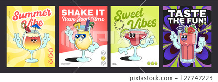 Groovy cocktail poster with retro characters 127747223