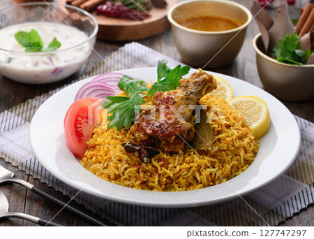 A set of authentic spicy chicken biryani and Indian cuisine A set of authentic spicy chicken biryani and Indian cuisine 127747297