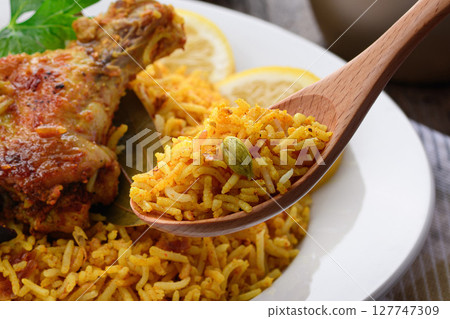 A set of authentic spicy chicken biryani and Indian cuisine 127747309