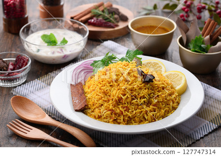 A set of authentic spicy chicken biryani and Indian cuisine A set of authentic spicy chicken biryani and Indian cuisine 127747314