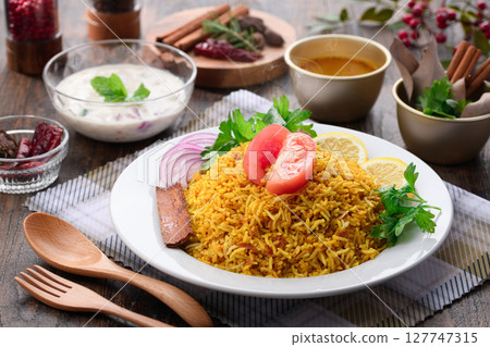 A set of authentic spicy chicken biryani and Indian cuisine A set of authentic spicy chicken biryani and Indian cuisine 127747315