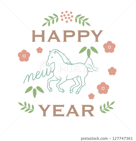 以馬匹插圖和鮮花裝飾的時尚新年賀卡設計 以馬匹插圖和鮮花裝飾的時尚新年賀卡設計 127747361