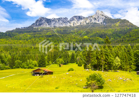 Alpine landscape panorama huts hut at Saugling Saeugling mountain Austria. 127747418