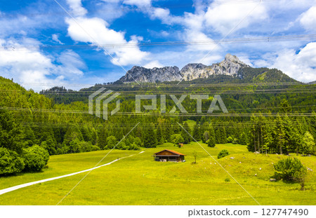 Alpine landscape panorama huts hut at Saugling Saeugling mountain Austria. 127747490