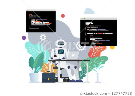 Android programmer writing code on laptop. Android programmer writing code on laptop. 127747738