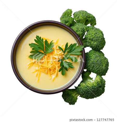 Creamy Broccoli Cheese Soup in a Bowl Garnished with Fresh Parsley and Surrounded by Broccoli Florets 127747765