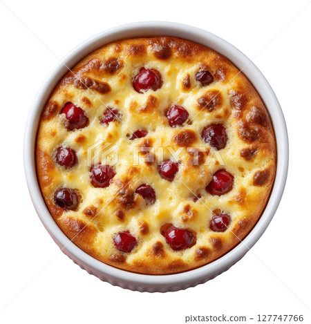 Delicious Cherry Clafoutis Dessert in a White Baking Dish Captured from Above, Perfect for Gourmet Food Photography 127747766