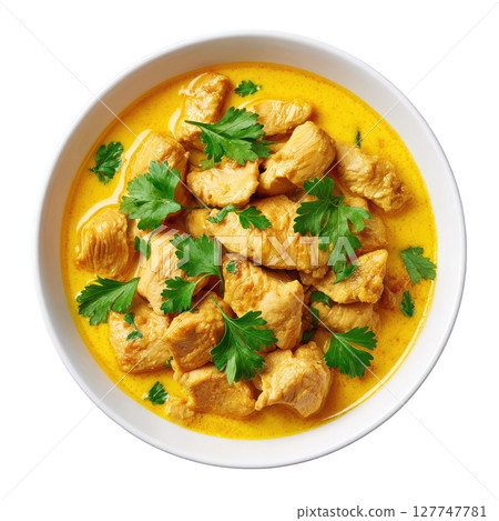 Delicious Chicken Curry with Fresh Cilantro Garnish in a White Bowl on a Clean Background 127747781