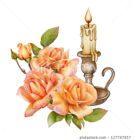 Vintage candle with burning flame and orange roses 127747857