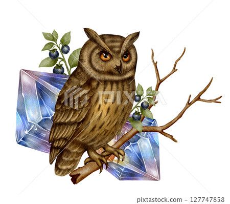 Owl on branch with crystals 127747858