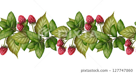 Seamless raspberry border with green leaves 127747860