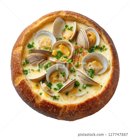 Creamy Clam Chowder Served in Bread Bowl with Fresh Clams and Parsley Garnish for a Delicious Seafood Experience 127747887