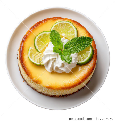 Freshly Baked Key Lime Cheesecake with Whipped Cream and Lime Slices on White Plate 127747960