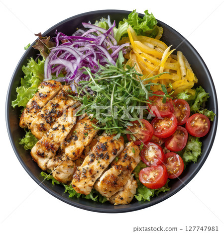 Grilled Mediterranean Chicken Bowl with Fresh Vegetables, Vibrant Greens and Colorful Salad Mix 127747981