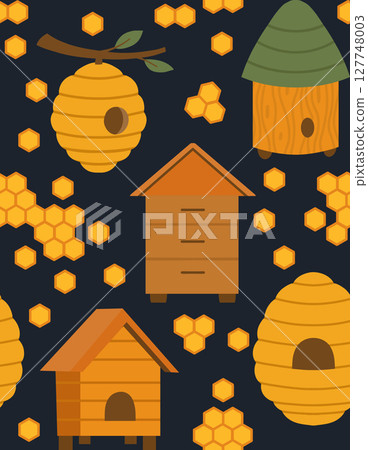 Vector beekeeping seamless pattern. Texture with houses for bees, apiaries, beehive, honeycombs on dark background Vector beekeeping seamless pattern. Texture with houses for bees, apiaries, beehive, honeycombs on dark background 127748003