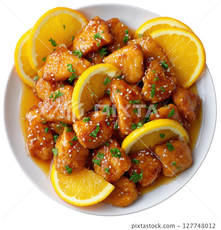 Delicious Orange Chicken with Fresh Citrus Slices Garnished with Herbs in a White Bowl 127748012