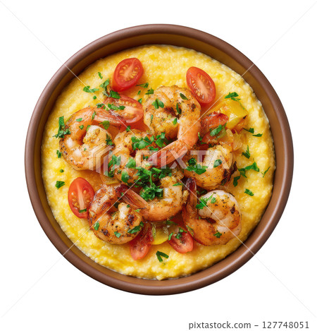 Delicious Shrimp Served Over Creamy Grits with Fresh Tomatoes and Parsley Garnish in a Rustic Bowl 127748051