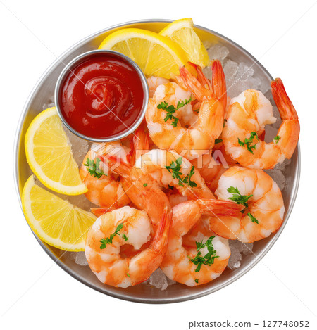Fresh Shrimp Cocktail Served on Ice with Lemon Wedges and Tomato Sauce Garnish for Gourmet Dining Experience 127748052
