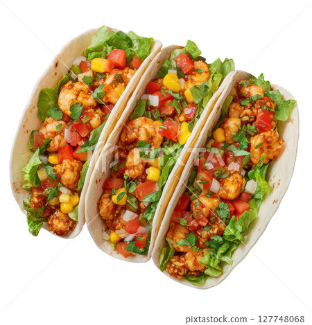 Delicious Spicy Shrimp Tacos with Fresh Vegetables and Flavorful Salsa in Tortillas 127748068