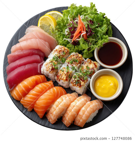 Fresh Sushi Platter with Assorted Fish and Vegetables on a Black Slate Serving Plate 127748086