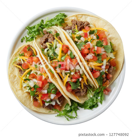 Vibrant Tacos on White Plate with Fresh Ingredients, Perfect for Delicious Food Photography and Culinary Inspiration 127748092
