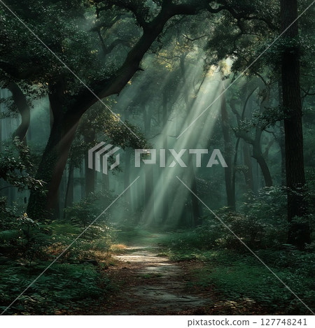 Rays of sunlight through forest trees 127748241