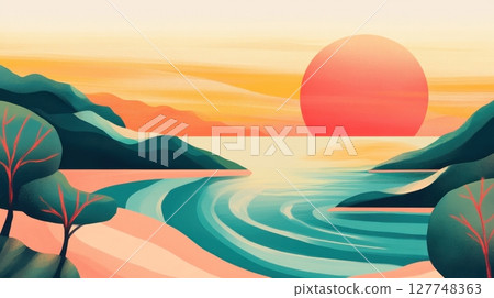 A vibrant abstract illustration of a summer beach at sunset features stylized waves A vibrant abstract illustration of a summer beach at sunset features stylized waves 127748363