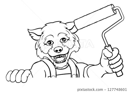 Wolf Painter Decorator Paint Roller Mascot Man 127748601