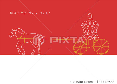 新年素材：簡潔時尚的新年賀卡素材（馬年），以馬車拉著新年松樹裝飾為特色 127748628