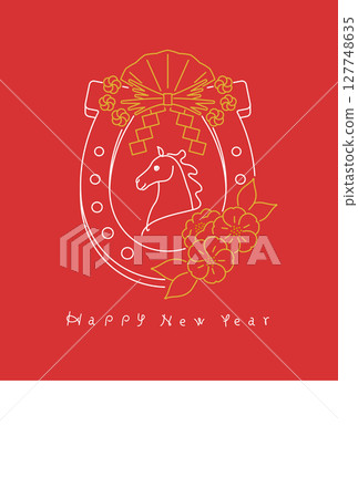 New Year's card material for the Year of the Horse: Illustration of a horseshoe and horse motif decoration 127748635