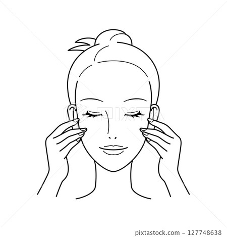 Woman doing skin care touching her face with her fingertips Woman doing skin care touching her face with her fingertips 127748638