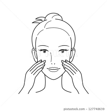 Woman doing skin care touching her face with her fingertips Woman doing skin care touching her face with her fingertips 127748639