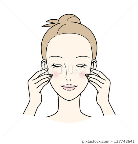 做皮膚護理的女人用指尖觸摸她的臉 127748641