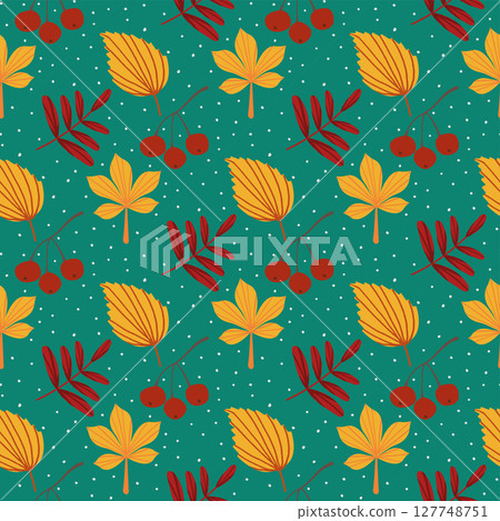 Seamless autumn pattern with leaves, botanical seamless pattern for fabric, textiles, clothing, wrapping paper, cover, banner, home decor, abstract background. 127748751